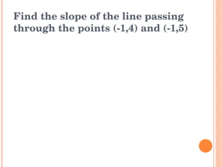 Find the slope of the line passing through the points (-1,4) and (-1,5) 