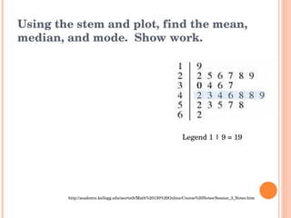 Using the stem and plot, find the mean, median, and mode.  Show work. http://academic.kellogg.edu/secristb/Math%20130%20Online/Course%20Notes/Session_3_Notes.htm Legend 1 | 9 = 19 