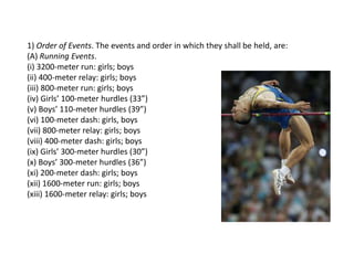 1) Order of Events. The events and order in which they shall be held, are:
(A) Running Events.
(i) 3200-meter run: girls; boys
(ii) 400-meter relay: girls; boys
(iii) 800-meter run: girls; boys
(iv) Girls’ 100-meter hurdles (33”)
(v) Boys’ 110-meter hurdles (39”)
(vi) 100-meter dash: girls, boys
(vii) 800-meter relay: girls; boys
(viii) 400-meter dash: girls; boys
(ix) Girls’ 300-meter hurdles (30”)
(x) Boys’ 300-meter hurdles (36”)
(xi) 200-meter dash: girls; boys
(xii) 1600-meter run: girls; boys
(xiii) 1600-meter relay: girls; boys
 