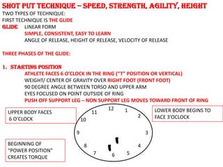 SHOT PUT TECHNIQUE – SPEED, STRENGTH, AGILITY, HEIGHT
TWO TYPES OF TECHNIQUE:
FIRST TECHNIQUE IS THE GLIDE
GLIDE LINEAR FORM
         SIMPLE, CONSISTENT, EASY TO LEARN
         ANGLE OF RELEASE, HEIGHT OF RELEASE, VELOCITY OF RELEASE

THREE PHASES OF THE GLIDE:

1. STARTING POSITION
         ATHLETE FACES 6 O’CLOCK IN THE RING (“T” POSITION OR VERTICAL)
         WEIGHT/ CENTER OF GRAVITY OVER RIGHT FOOT (FRONT FOOT)
         90 DEGREE ANGLE BETWEEN TORSO AND UPPER ARM
         EYES FOCUSED ON POINT OUTSIDE OF RING
         PUSH OFF SUPPORT LEG – NON SUPPORT LEG MOVES TOWARD FRONT OF RING
                                          12     1          LOWER BODY BEGINS TO
  UPPER BODY FACES                 11
                                                      2     FACE 3’OCLOCK
   6 O’CLOCK                   10

                             9                           3
  BEGINNING OF                   8                   4
  “POWER POSITION”                   7          5
  CREATES TORQUE                          6
 