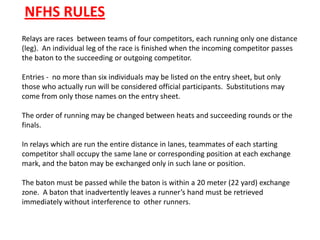 NFHS RULES
Relays are races between teams of four competitors, each running only one distance
(leg). An individual leg of the race is finished when the incoming competitor passes
the baton to the succeeding or outgoing competitor.

Entries - no more than six individuals may be listed on the entry sheet, but only
those who actually run will be considered official participants. Substitutions may
come from only those names on the entry sheet.

The order of running may be changed between heats and succeeding rounds or the
finals.

In relays which are run the entire distance in lanes, teammates of each starting
competitor shall occupy the same lane or corresponding position at each exchange
mark, and the baton may be exchanged only in such lane or position.

The baton must be passed while the baton is within a 20 meter (22 yard) exchange
zone. A baton that inadvertently leaves a runner’s hand must be retrieved
immediately without interference to other runners.
 