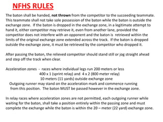 NFHS RULES
The baton shall be handed, not thrown from the competitor to the succeeding teammate.
This teammate shall not take sole possession of the baton while the baton is outside the
exchange zone. If the baton is dropped in the exchange zone, in a legitimate attempt to
hand it, either competitor may retrieve it, even from another lane, provided the
competitor does not interfere with an opponent and the baton is retrieved within the
limits of the original exchange zone extended across the track. If the baton is dropped
outside the exchange zone, it must be retrieved by the competitor who dropped it.

After passing the baton, the relieved competitor should stand still or jog straight ahead
and step off the track when clear.

Acceleration zones - races where individual legs run 200 meters or less
                    400 x 1 (sprint relay) and 4 x 2 (800 meter relay)
                     10 meters (11 yards) outside exchange zone
  Outgoing runner may stand on the acceleration mark and commence running
  from this position. The baton MUST be passed however in the exchange zone.

In relay races where acceleration zones are not permitted, each outgoing runner while
waiting for the baton, shall take a position entirely within the passing zone and must
complete the exchange while the baton is within the 20 – meter (22 yard) exchange zone.
 