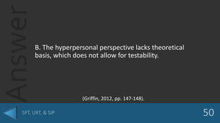 Answer
B. The hyperpersonal perspective lacks theoretical
basis, which does not allow for testability.
(Griffin, 2012, pp. 147-148).
 