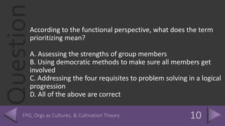 QuestionAccording to the functional perspective, what does the term
prioritizing mean?
A. Assessing the strengths of group members
B. Using democratic methods to make sure all members get
involved
C. Addressing the four requisites to problem solving in a logical
progression
D. All of the above are correct
 
