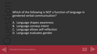 QuestionWhich of the following is NOT a function of language in
gendered verbal communication?
A. Language shapes awareness
B. Language conveys intent
C. Language allows self-reflection
D. Language evaluates gender
 