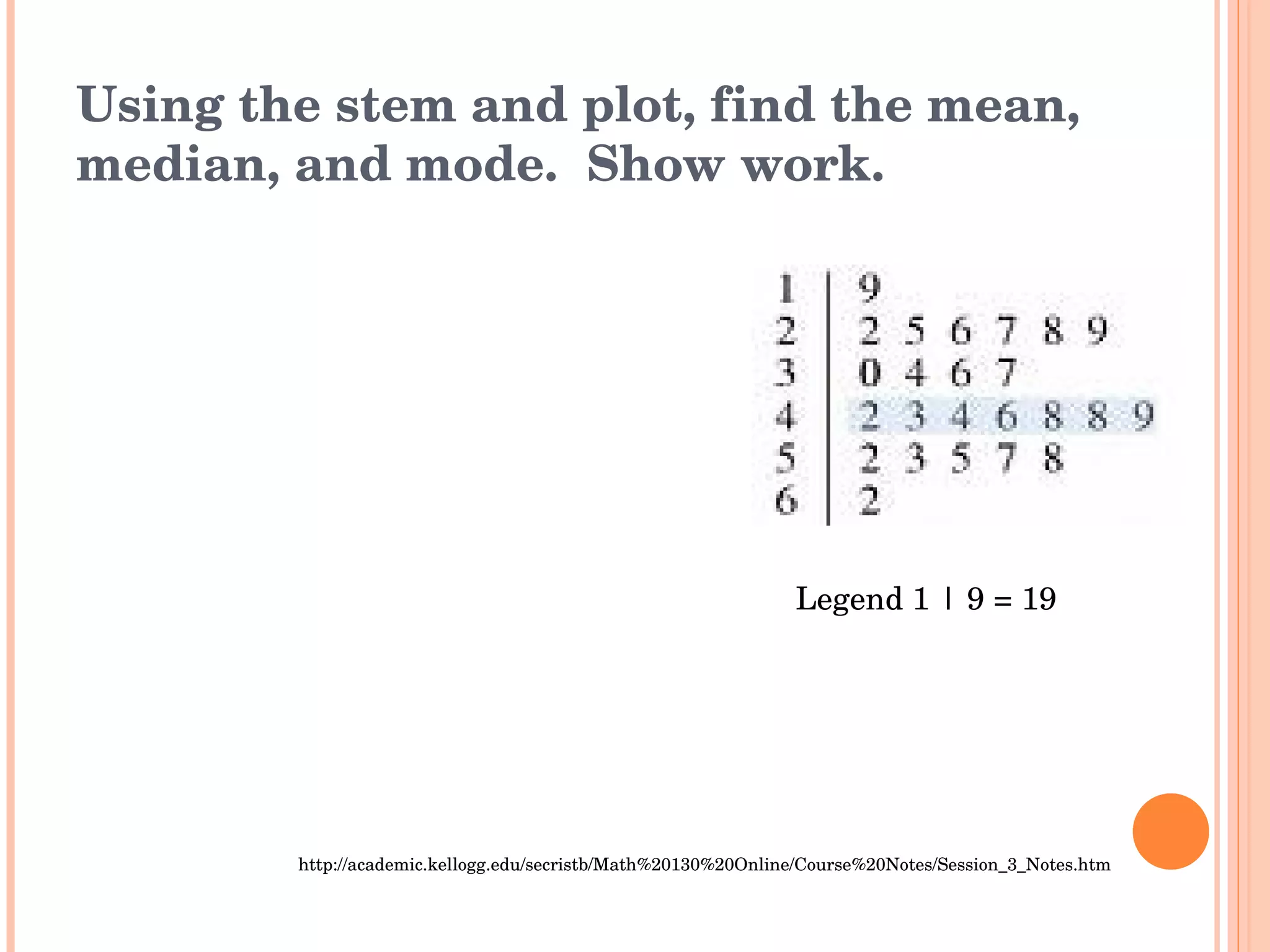 Using the stem and plot, find the mean, median, and mode.  Show work. http://academic.kellogg.edu/secristb/Math%20130%20Online/Course%20Notes/Session_3_Notes.htm Legend 1 | 9 = 19 
