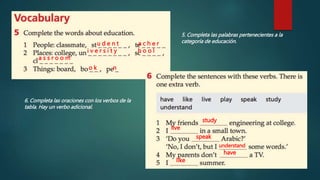 5. Completa las palabras pertenecientes a la
categoría de educación.
6. Completa las oraciones con los verbos de la
tabla. Hay un verbo adicional.
u d e n t a c h e r
i v e r s i t y h o o l
a s s r o o m
o k n
study
live
speak
understand
have
like
 
