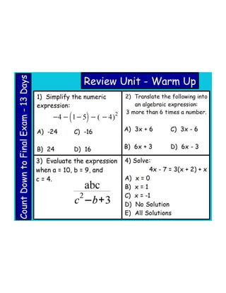 Final exam review warm ups