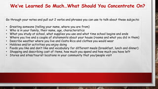 We’ve Learned So Much…What Should You Concentrate On?
Go through your notes and pull out 2 verbs and phrases you can use to talk about these subjects:
• Greeting someone (telling your name, where you are from)
• Who is in your family, their name, age, characteristics
• What you study at school, what supplies you use and what time school begins and ends
• Where you live and a couple of statements about your house (rooms and what you did in them)
• Describe weather where you live and Costa Rica and clothes you would wear
• Hobbies and/or activities you enjoy doing
• Foods you like and don’t like and vocabulary for different meals (breakfast, lunch and dinner)
• Shopping and describing cost of items, how much you spend and how much you have left
• Stores and sites/tourist locations in your community that you/people visit
 