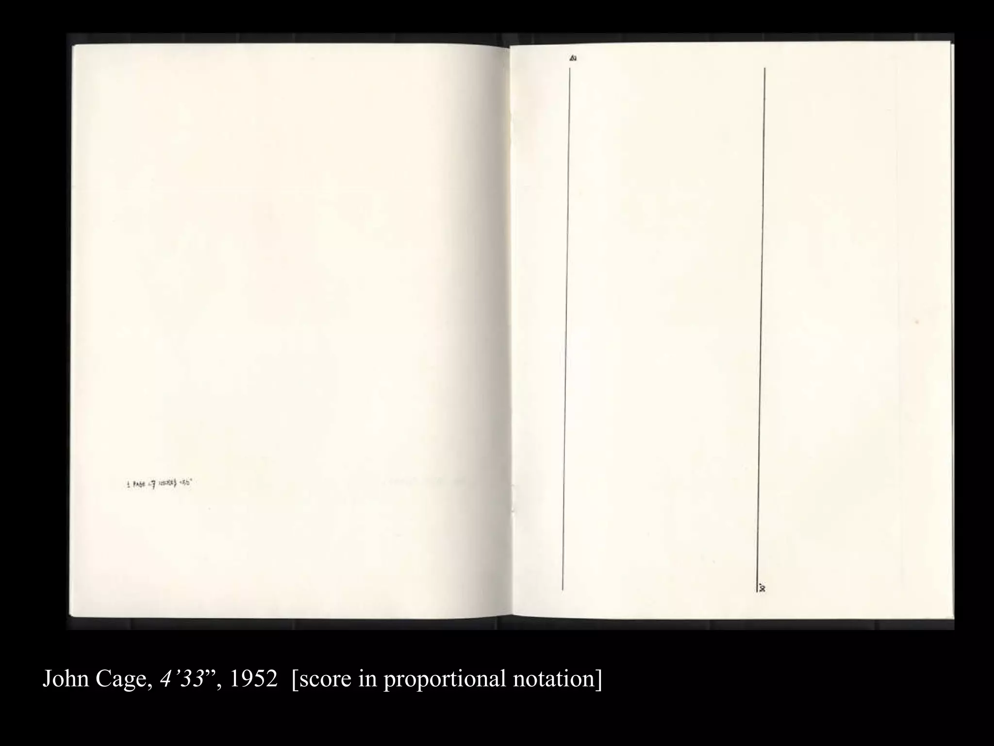 John Cage,  4’33 ”, 1952  [score in proportional notation]   