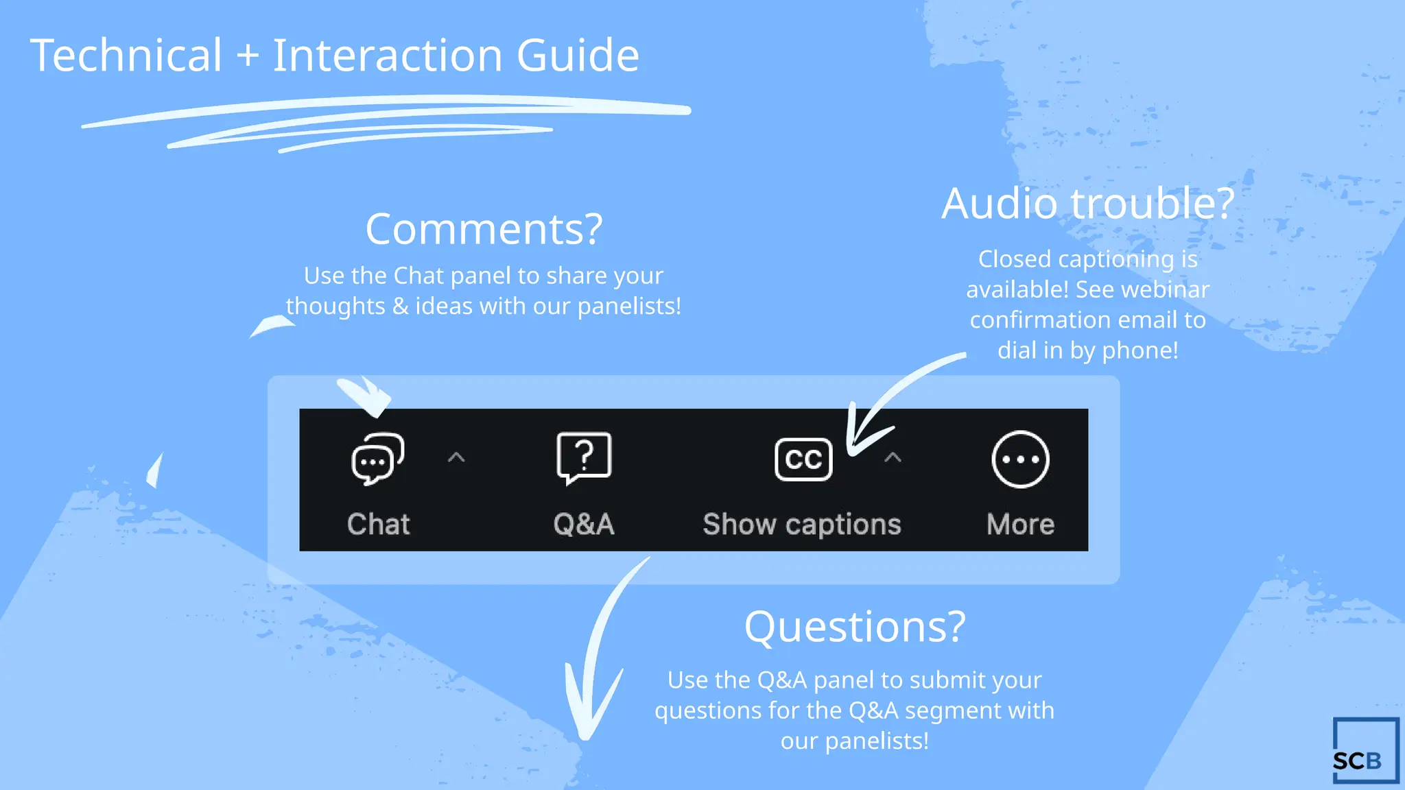 Comments?
Technical + Interaction Guide
Questions?
Audio trouble?
Use the Chat panel to share your
thoughts & ideas with our panelists!
Closed captioning is
available! See webinar
confirmation email to
dial in by phone!
Use the Q&A panel to submit your
questions for the Q&A segment with
our panelists!
 