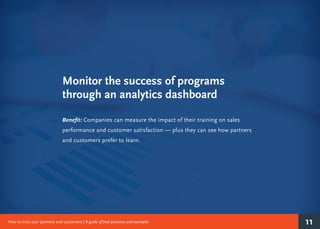 11How to train your partners and customers | A guide of best practices and examples
Monitor the success of programs
through an analytics dashboard
Benefit: Companies can measure the impact of their training on sales
performance and customer satisfaction — plus they can see how partners
and customers prefer to learn.
 