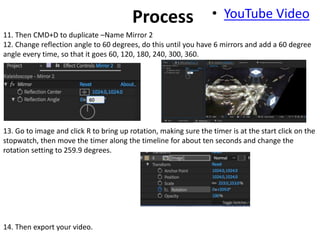 • YouTube VideoProcess
11. Then CMD+D to duplicate –Name Mirror 2
12. Change reflection angle to 60 degrees, do this until you have 6 mirrors and add a 60 degree
angle every time, so that it goes 60, 120, 180, 240, 300, 360.
13. Go to image and click R to bring up rotation, making sure the timer is at the start click on the
stopwatch, then move the timer along the timeline for about ten seconds and change the
rotation setting to 259.9 degrees.
14. Then export your video.
 