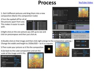 Process YouTube Video
1. Get 6 different pictures and drag them into a new
composition (Name this composition Cube)
2.Turn the eyeball off for all of
the pictures apart from one.
This makes it easier to work
with.
3.Right click on the one picture you left up to see and
click on precompose and then just click ok.
4.Double click on that image and then click right and go to the composition settings –
Change the width and height to 1920x1920 – so it is a square.
5.Then scale your picture so it fits the composition
6.Go back to the cube composition and set the
scale of the image until it fits.
 