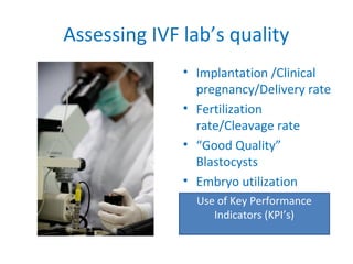 Assessing IVF lab’s quality
• Implantation /Clinical
pregnancy/Delivery rate
• Fertilization
rate/Cleavage rate
• “Good Quality”
Blastocysts
• Embryo utilization
• Use of Key Performance
Indicators (KPI’s)
Use of Key Performance
Indicators (KPI’s)
 