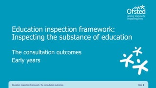 Education inspection framework:
Inspecting the substance of education
The consultation outcomes
Early years
Education inspection framework: the consultation outcomes Slide 1
 