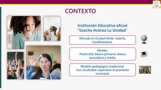 CONTEXTO
Institución Educativa oficial
"Soacha Avanza La Unidad"
Modelo pedagógico tradicional.
Con resultados superiores al promedio
municipal.
Niveles:
Preescolar, básica primaria, básica
secundaria y media.
Ubicada en Ciudad Verde, Soacha,
Cundinamarca.
 