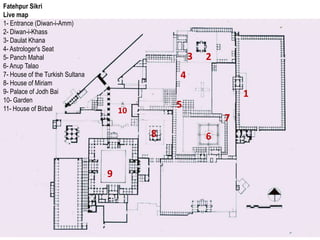 Fatehpur Sikri
Live map
1- Entrance (Diwan-i-Amm)
2- Diwan-i-Khass
3- Daulat Khana
4- Astrologer's Seat
5- Panch Mahal                                     3   2
6- Anup Talao
7- House of the Turkish Sultana                4
8- House of Miriam
9- Palace of Jodh Bai                                          1
10- Garden
11- House of Birbal                            5
                                      10
                                                           7
                                           8           6


                                  9
 