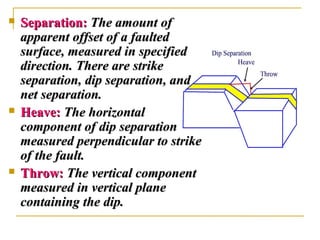  Separation:Separation: The amount ofThe amount of
apparent offset of a faultedapparent offset of a faulted
surface, measured in specifiedsurface, measured in specified
direction. There are strikedirection. There are strike
separation, dip separation, andseparation, dip separation, and
net separation.net separation.
 Heave:Heave: The horizontalThe horizontal
component of dip separationcomponent of dip separation
measured perpendicular to strikemeasured perpendicular to strike
of the fault.of the fault.
 Throw:Throw: The vertical componentThe vertical component
measured in vertical planemeasured in vertical plane
containing the dip.containing the dip.
 