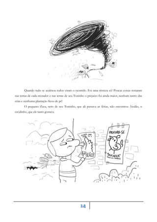 14
Quando tudo se acalmou todos viram o ocorrido. Foi uma tristeza só! Poucas coisas restaram
nas terras de cada morador e nas terras de seu Toninho o prejuízo foi ainda maior, nenhum rastro das
crias e nenhuma plantação ficou de pé!
O pequeno Zeca, neto de seu Toninho, que ali passava as férias, não encontrou Azulão, o
cavalinho, que ele tanto gostava.
 