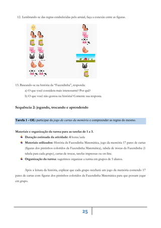 25
12. Lembrando-se das regras estabelecidas pelo arraial, faça a conexão entre as figuras.
13. Baseando-se na história da “Fazendinha”, responda:
a) O que você considera mais interessante? Por quê?
b) O que você não gostou na história? Comente sua resposta.
Sequência 2: jogando, trocando e aprendendo
participar do jogo de cartas da memória e compreender as regras do mesmo.
Tarefa 1 - OE:
Materiais e organização da turma para as tarefas de 1 a 3.
Duração estimada da atividade: 4 horas/aula
Materiais utilizados: História da Fazendinha Matemática, jogo da memória 17 pares de cartas
(figuras dos pintinhos coloridos da Fazendinha Matemática), tabela de trocas da Fazendinha (1
tabela para cada grupo), cartas de trocas, tarefas impressas ou on-line.
Organização da turma: sugerimos organizar a turma em grupos de 5 alunos.
Após a leitura da história, explicar que cada grupo receberá um jogo da memória contendo 17
pares de cartas com figuras dos pintinhos coloridos da Fazendinha Matemática para que possam jogar
em grupo.
 