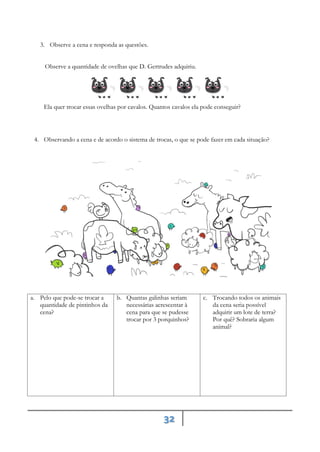 32
3. Observe a cena e responda as questões.
Observe a quantidade de ovelhas que D. Gertrudes adquiriu.
Ela quer trocar essas ovelhas por cavalos. Quantos cavalos ela pode conseguir?
4. Observando a cena e de acordo o sistema de trocas, o que se pode fazer em cada situação?
a. Pelo que pode-se trocar a
quantidade de pintinhos da
cena?
b. Quantas galinhas seriam
necessárias acrescentar à
cena para que se pudesse
trocar por 3 porquinhos?
c. Trocando todos os animais
da cena seria possível
adquirir um lote de terra?
Por quê? Sobraria algum
animal?
 