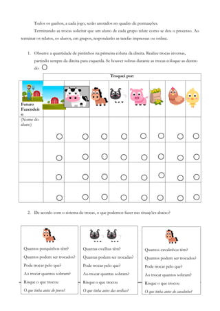 34
Todos os ganhos, a cada jogo, serão anotados no quadro de pontuações.
Terminando as trocas solicitar que um aluno de cada grupo relate como se deu o processo. Ao
terminar os relatos, os alunos, em grupos, responderão as tarefas impressas ou online.
1. Observe a quantidade de pintinhos na primeira coluna da direita. Realize trocas inversas,
partindo sempre da direita para esquerda. Se houver sobras durante as trocas coloque-as dentro
do
Troquei por:
Futuro
Fazendeir
o
(Nome do
aluno)
2. De acordo com o sistema de trocas, o que podemos fazer nas situações abaixo?
Quantos porquinhos têm?
Quantos podem ser trocados?
Pode trocar pelo que?
Ao trocar quantos sobram?
Risque o que trocou
O que tinha antes do porco?
Quantas ovelhas têm?
Quantas podem ser trocadas?
Pode trocar pelo que?
Ao trocar quantas sobram?
Risque o que trocou
O que tinha antes das ovelhas?
Quantos cavalinhos têm?
Quantos podem ser trocados?
Pode trocar pelo que?
Ao trocar quantos sobram?
Risque o que trocou
O que tinha antes do cavalinho?
 