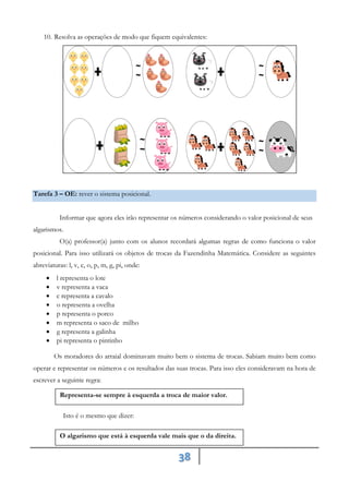 38
10. Resolva as operações de modo que fiquem equivalentes:
Tarefa 3 – OE: rever o sistema posicional.
Informar que agora eles irão representar os números considerando o valor posicional de seus
algarismos.
O(a) professor(a) junto com os alunos recordará algumas regras de como funciona o valor
posicional. Para isso utilizará os objetos de trocas da Fazendinha Matemática. Considere as seguintes
abreviaturas: l, v, c, o, p, m, g, pi, onde:
• l representa o lote
• v representa a vaca
• c representa a cavalo
• o representa a ovelha
• p representa o porco
• m representa o saco de milho
• g representa a galinha
• pi representa o pintinho
Os moradores do arraial dominavam muito bem o sistema de trocas. Sabiam muito bem como
operar e representar os números e os resultados das suas trocas. Para isso eles consideravam na hora de
escrever a seguinte regra:
Isto é o mesmo que dizer:
Representa-se sempre à esquerda a troca de maior valor.
O algarismo que está à esquerda vale mais que o da direita.
 