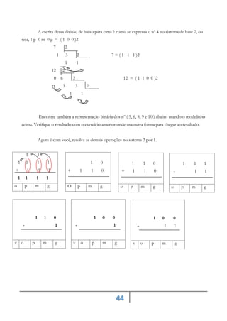 44
A escrita dessa divisão de baixo para cima é como se expressa o nº 4 no sistema de base 2, ou
seja, 1 p 0 m 0 g = ( 1 0 0 )2
7 2
1 3 2 7 = ( 1 1 1 )2
1 1
12 2
0 6 2 12 = ( 1 1 0 0 )2
3 3 2
1 1
Encontre também a representação binária dos nº ( 5, 6, 8, 9 e 10 ) abaixo usando o modelinho
acima. Verifique o resultado com o exercício anterior onde usa outra forma para chegar ao resultado.
Agora é com você, resolva as demais operações no sistema 2 por 1.
1 1
1 1 1 1
+ 1 1 1
1 1 1 1
o p m g
1 0
+ 1 1 0
O p m g
1 1 0
+ 1 1 0
o p m g
1 1 1
- 1 1
o p m g
1 1 0
- 1
v o p m g
1 0 0
- 1
v o p m g
1 0 0
- 1 1
v o p m g
 