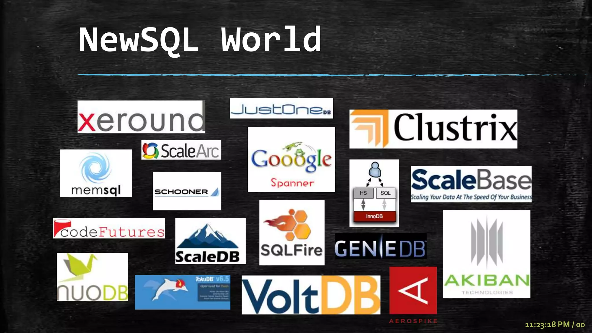 NewSQL World




               11:23:18 PM / 00
 