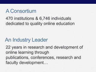 A Consortium
470 institutions & 6,746 individuals
dedicated to quality online education

An Industry Leader
22 years in research and development of
online learning through
publications, conferences, research and
faculty development…

 