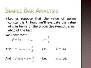 Let us suppose that the value of spring constant is k. Now, we’ll evaluate the value of k in terms of the properties (length, area,  etc.) of the bar:We know that:                       i.e. Also:				i.e.And				i.e.Simple Bar Analysis