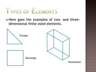 Types of ElementsHere goes the examples of two- and three-dimensional finite sized elements.TriangleRectangleHexahedron
