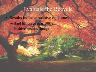 Evaluate the Recycle
• Results indicate positive outcomes
  – Hard hat usage near 100%
  – Positive business image
 