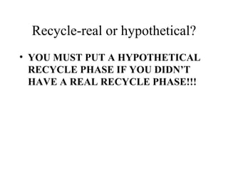 Recycle-real or hypothetical? YOU MUST PUT A HYPOTHETICAL RECYCLE PHASE IF YOU DIDN’T HAVE A REAL RECYCLE PHASE!!!   