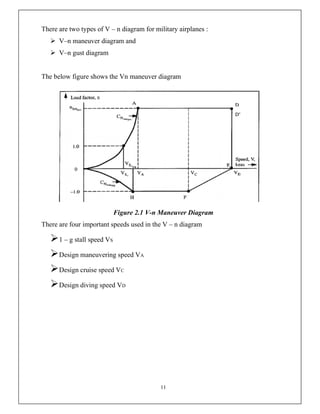 11
There are two types of V – n diagram for military airplanes :
 V–n maneuver diagram and
 V–n gust diagram
The below figure shows the Vn maneuver diagram
Figure 2.1 V-n Maneuver Diagram
There are four important speeds used in the V – n diagram
1 – g stall speed VS
Design maneuvering speed VA
Design cruise speed VC
Design diving speed VD
 