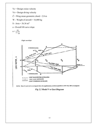 13
Vc = Design cruise velocity
VD = Design diving velocity
𝐶̅ = Wing mean geometric chord = 2.8 m
W – Weight of aircraft = 16,000 kg
S - Area = 36.36 m
a - Overall lift curve slope
a =
Fig 2.2 Model V-n Gust Diagram
 