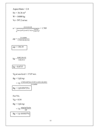 15
Aspect Ratio = 2.8
SW = 36.36 𝑚
W = 16000 kg
Vc= 597.2 m/sec
a =
× . × .
( ( . )( . )^ (
( . ^ )
)
= 1.769
𝜇𝑔 =
×
. × . × .
𝜇𝑔 = 138.19
kg =
. ( . )
.
kg = 0.8737
Vg at sea level = 17.07 m/s
ng = 1±∆ 𝑛𝑔
= 1±
. . . . .
×
ng = 1±0.03672Vc
For VD,
Vg = 8.54
ng = 1±∆ 𝑛𝑔
= 1±
ng = 1± 0.01837VD
 