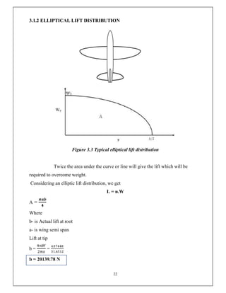22
3.1.2 ELLIPTICAL LIFT DISTRIBUTION
Figure 3.3 Typical elliptical lift distribution
Twice the area under the curve or line will give the lift which will be
required to overcome weight.
Considering an elliptic lift distribution, we get
L = n.W
A =
𝝅𝒂𝒃
𝟒
Where
b- is Actual lift at root
a- is wing semi span
Lift at tip
b = =
.
b = 20139.78 N
 