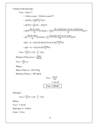 30
Volume of the fuel tank
Vfuel = Area * t
= {Area rectangle + 2(Area triangle)}*t
= {(h*l2) +2[ h
( )
]}*t
={(h*l2) + [ h (l1 − l2)]}*t
={(h*(
( . )
) Croot ) + [ h (
( . ) ( . )
)]}*t
={((
( . )
) Croot ) +[
(Croot b−0.2−b−h−0.2 )
b
]}h*t
={(b − h − 0.2)+[0.5(b-0.2-b+h+0.2)]} h*t
= {(b − h − 0.2)+0.5h} h*t
Vfuel =
root
h ∗ t (b − − 0.2)
Density of fuel, 𝜌𝑓𝑢𝑒𝑙 =
Vfuel = (
𝑚
ρ
) fuel
Where,
Mass of fuel, m = 932.79 kg
Density of fuel, 𝜌 = 801 kg/m
Vfuel =
.
=1.16 m
Vfuel = 1.16 𝐦𝟑
Solving h,
Vfuel =
root
h ∗ t (b − − 0.2)
Where,
Vfuel = 1.16 m
Half span, b = 5.04 m
Croot = 3.6 m
 