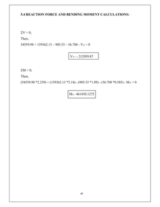 40
5.4 REACTION FORCE AND BENDING MOMENT CALCULATIONS:
V = 0,
Then,
54559.98 + 159362.13 – 905.53 – 56.708 - VA = 0
VA = - 212959.87
M = 0,
Then,
(54559.98 *2.239) + (159362.13 *2.14) - (905.53 *1.89) - (56.708 *0.585) - MA = 0
MA = 461450.1275
 