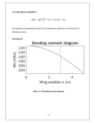 42
5.4.2 BENDING MOMENT
𝐵𝑀𝐵C = ∬( + 𝑦3 − 𝑉𝐴 ) d𝑥 + MA
By using the corresponding values of x in appropriate equations we get the plot of
bending moment.
DIAGRAM
Figure 5.2 Bending moment diagram
 