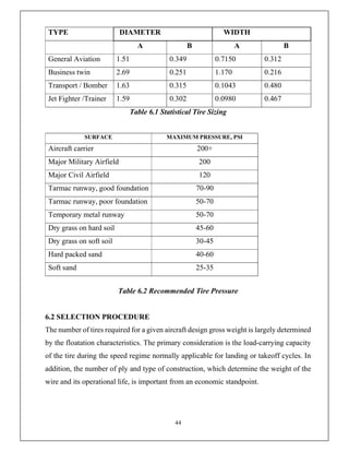 44
TYPE DIAMETER WIDTH
A B A B
General Aviation 1.51 0.349 0.7150 0.312
Business twin 2.69 0.251 1.170 0.216
Transport / Bomber 1.63 0.315 0.1043 0.480
Jet Fighter /Trainer 1.59 0.302 0.0980 0.467
Table 6.1 Statistical Tire Sizing
SURFACE MAXIMUM PRESSURE, PSI
Aircraft carrier 200+
Major Military Airfield 200
Major Civil Airfield 120
Tarmac runway, good foundation 70-90
Tarmac runway, poor foundation 50-70
Temporary metal runway 50-70
Dry grass on hard soil 45-60
Dry grass on soft soil 30-45
Hard packed sand 40-60
Soft sand 25-35
Table 6.2 Recommended Tire Pressure
6.2 SELECTION PROCEDURE
The number of tires required for a given aircraft design gross weight is largely determined
by the floatation characteristics. The primary consideration is the load-carrying capacity
of the tire during the speed regime normally applicable for landing or takeoff cycles. In
addition, the number of ply and type of construction, which determine the weight of the
wire and its operational life, is important from an economic standpoint.
 