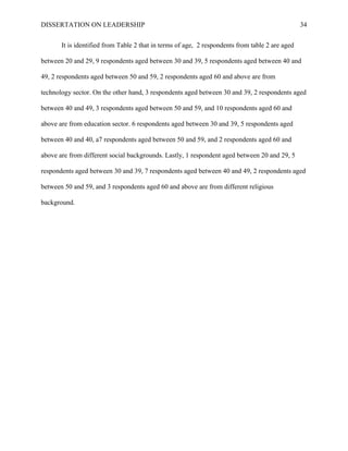 DISSERTATION ON LEADERSHIP 34
It is identified from Table 2 that in terms of age, 2 respondents from table 2 are aged
between 20 and 29, 9 respondents aged between 30 and 39, 5 respondents aged between 40 and
49, 2 respondents aged between 50 and 59, 2 respondents aged 60 and above are from
technology sector. On the other hand, 3 respondents aged between 30 and 39, 2 respondents aged
between 40 and 49, 3 respondents aged between 50 and 59, and 10 respondents aged 60 and
above are from education sector. 6 respondents aged between 30 and 39, 5 respondents aged
between 40 and 40, a7 respondents aged between 50 and 59, and 2 respondents aged 60 and
above are from different social backgrounds. Lastly, 1 respondent aged between 20 and 29, 5
respondents aged between 30 and 39, 7 respondents aged between 40 and 49, 2 respondents aged
between 50 and 59, and 3 respondents aged 60 and above are from different religious
background.
 
