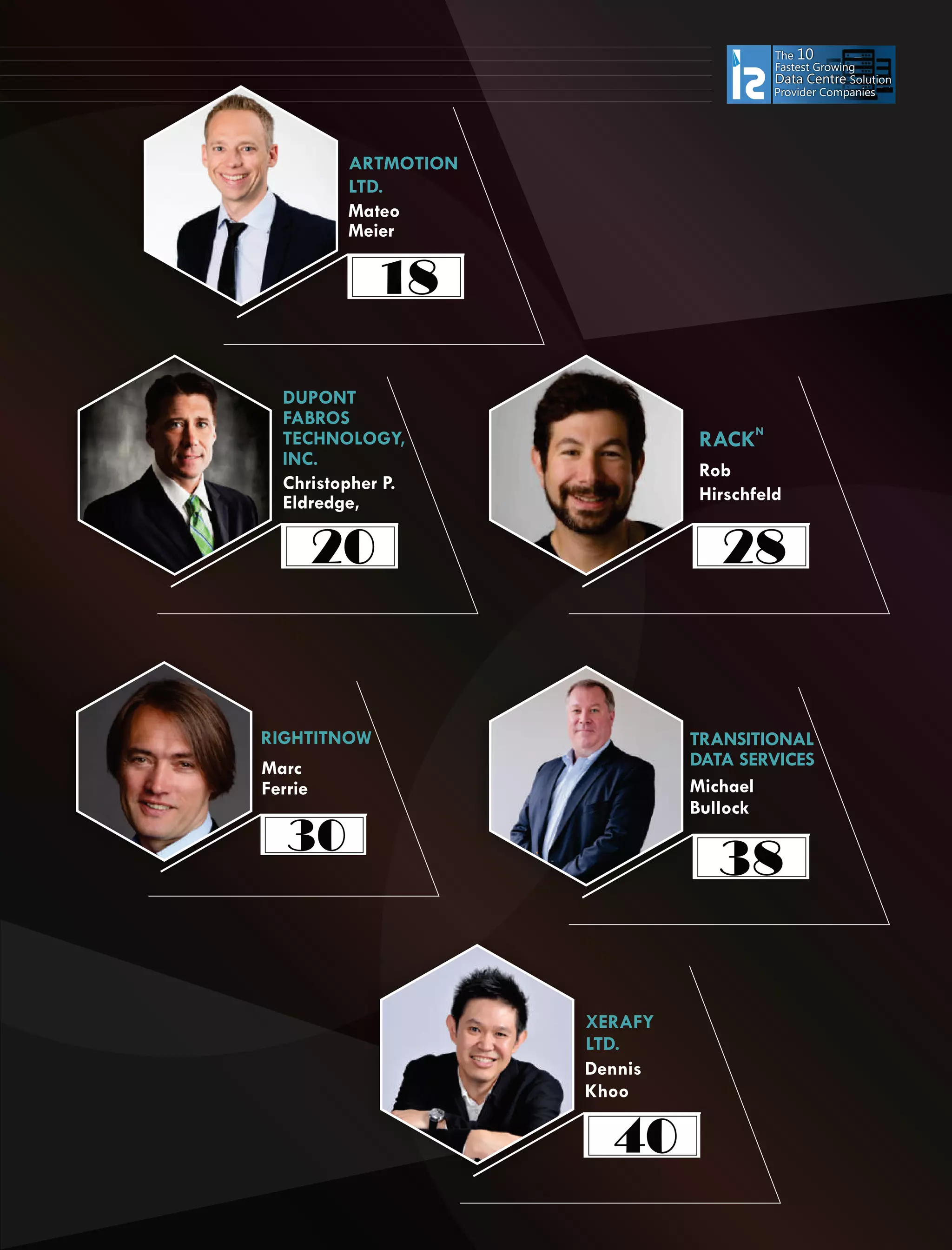 Christopher P.
Eldredge,
DUPONT
FABROS
TECHNOLOGY,
INC.
Rob
Hirschfeld
N
RACK
Marc
Ferrie
RIGHTITNOW
Michael
Bullock
TRANSITIONAL
DATA SERVICES
XERAFY
LTD.
Dennis
Khoo
The 10
Fastest Growing
Data CentreData Centre Solution
Provider Companies
20 28
30
38
40
ARTMOTION
LTD.
Mateo
Meier
18
 