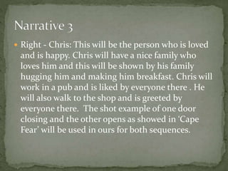  Right - Chris: This will be the person who is loved 
and is happy. Chris will have a nice family who 
loves him and this will be shown by his family 
hugging him and making him breakfast. Chris will 
work in a pub and is liked by everyone there . He 
will also walk to the shop and is greeted by 
everyone there. The shot example of one door 
closing and the other opens as showed in ‘Cape 
Fear’ will be used in ours for both sequences. 
 