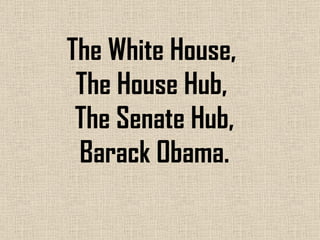 The White House,  The House Hub,  The Senate Hub, Barack Obama. 