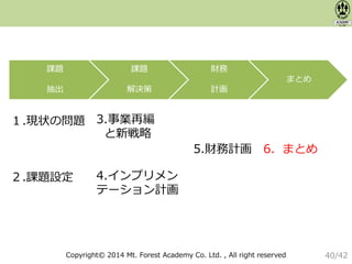 Copyright© 2014 Mt. Forest Academy Co. Ltd. , All right reserved
１.現状の問題
２.課題設定
5.財務計画
3.事業再編
と新戦略
4.インプリメン
テーション計画
6．まとめ
課題
抽出
課題
解決策
財務
計画
まとめ
40/42
 