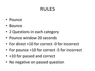 RULES
• Pounce
• Bounce
• 2 Questions in each category
• Pounce window 20 seconds
• For direct +10 for correct -0 for incorrect
• For pounce +10 for correct -5 for incorrect
• +10 for passed and correct
• No negative on passed question
 