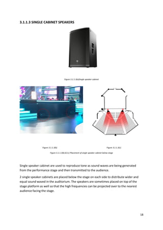 18
3.1.1.3 SINGLE CABINET SPEAKERS
Figure 3.1.1.3(a)Single speaker cabinet
Figure 3.1.1.3(b) Figure 3.1.1.3(c)
Figure 3.1.1.3(b) & (c) Placement of single speaker cabinet below stage
Single speaker cabinet are used to reproduce tone as sound waves are being generated
from the performance stage and then transmitted to the audience.
2 single speaker cabinets are placed below the stage on each side to distribute wider and
equal sound waved in the auditorium. The speakers are sometimes placed on top of the
stage platform as well so that the high frequencies can be projected over to the nearest
audience facing the stage.
 
